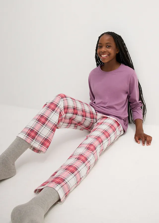 Pijama fete cu bumbac bio (set/2costume), culoare: ecru-mov-levănţică mat-roz pastel cadrilat