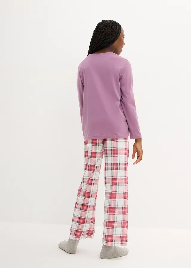 Pijama fete cu bumbac bio (set/2costume), culoare: ecru-mov-levănţică mat-roz pastel cadrilat