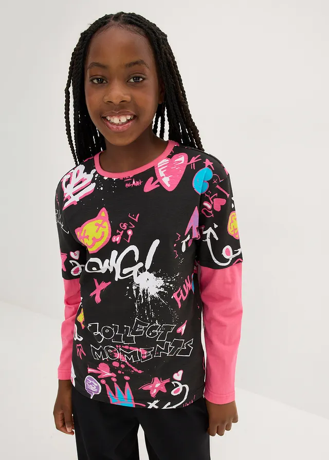 Meisjes shirt in layerlook van biologisch katoen, Kleur: zwart