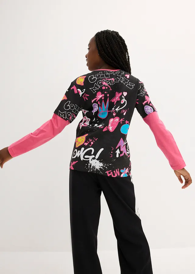 Meisjes shirt in layerlook van biologisch katoen, Kleur: zwart