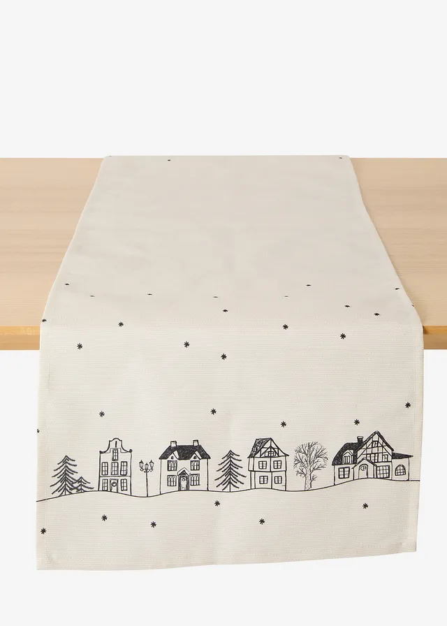 Chemin de table imprimé maisons, déperlant • crème + noir • Boutique bonprix