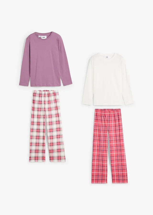 Pijama din bumbac organic 100% (set/ 4 piese) • ecru/mov-levănțică mat/roz pastel cadrilat • magazin bonprix