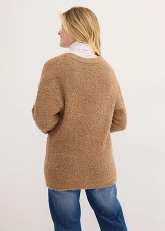 Bouclé trui met V-hals, Kleur: camel