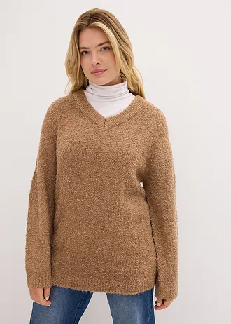 Bouclé trui met V-hals, Kleur: camel