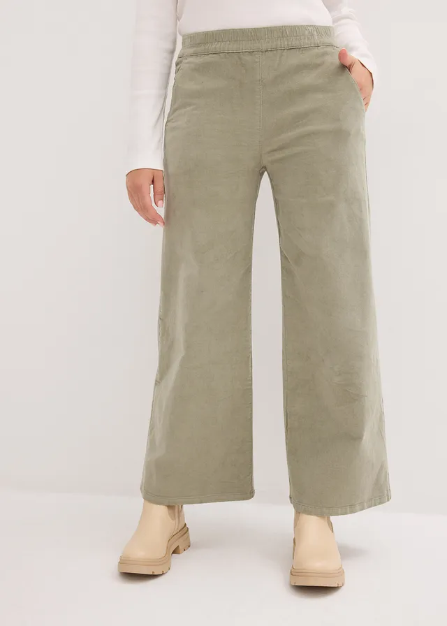 Pantalon en velours côtelé, taille haute élastiquée, Couleur: gris vert