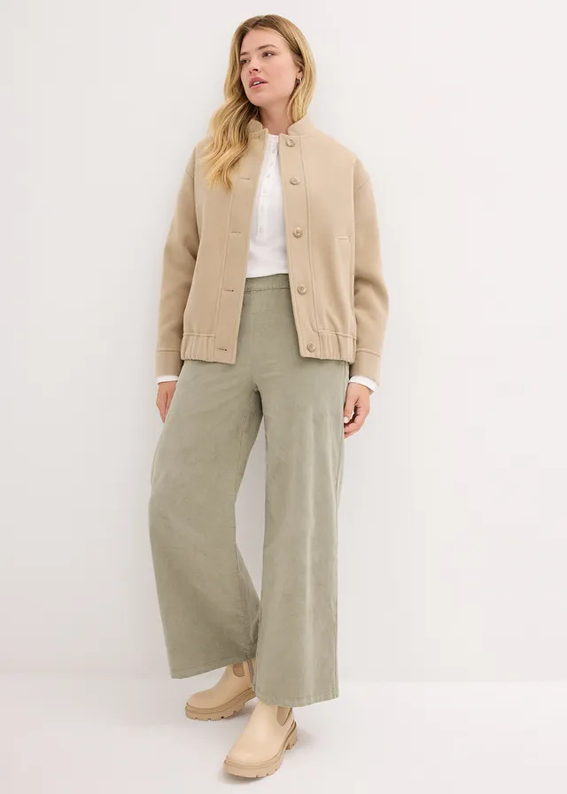 Pantalon en velours côtelé, taille haute élastiquée, Couleur: gris vert