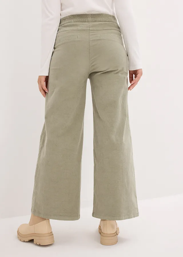 Pantalon en velours de coton côtelé extensible, taille haute • gris vert • Boutique bonprix