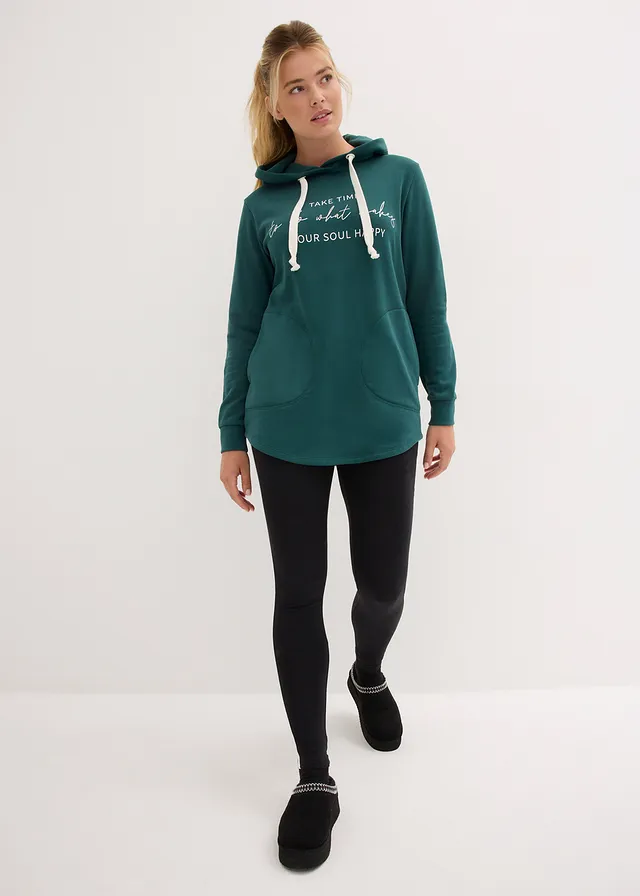 Joggingpak met lange sweater en legging (2-dlg.), Kleur: zwart/mat groen met print