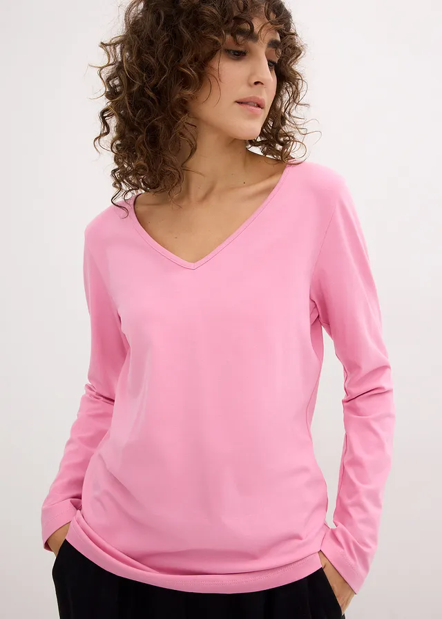 Longsleeve met V-hals (set van 2), Kleur: bloesempink+zwart
