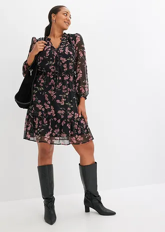 Gedessineerde jurk, Kleur: zwart gebloemd