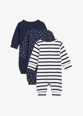Spací overal z čisté organické bavlny (3 ks v balení) • tmavě modrá + tmavě modrá s puntíky + přírodně bílo-tmavě modré pruhy • bonprix obchod
