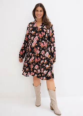 Robe-chemise 100% viscose, Couleur: noir-blanc cassé-brique-bronze-cappuccino-curry-crème abricot-rouge grenat-rose fumé-rose pastel à fleurs