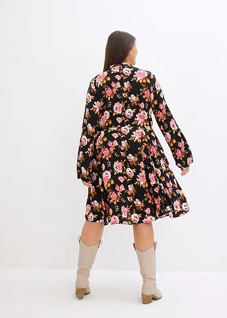 Robe-chemise 100% viscose, Couleur: noir-blanc cassé-brique-bronze-cappuccino-curry-crème abricot-rouge grenat-rose fumé-rose pastel à fleurs