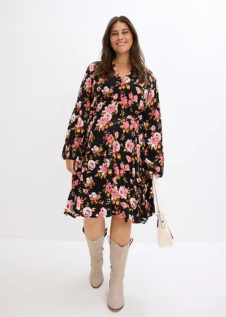 Robe-chemise 100% viscose, Couleur: noir-blanc cassé-brique-bronze-cappuccino-curry-crème abricot-rouge grenat-rose fumé-rose pastel à fleurs