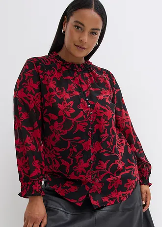 Gesmokt chiffon blouse, Kleur: zwart-salsarood