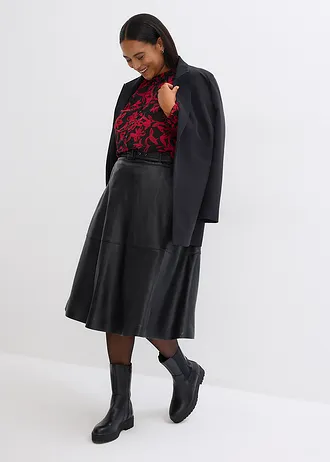 Gesmokt chiffon blouse, Kleur: zwart-salsarood