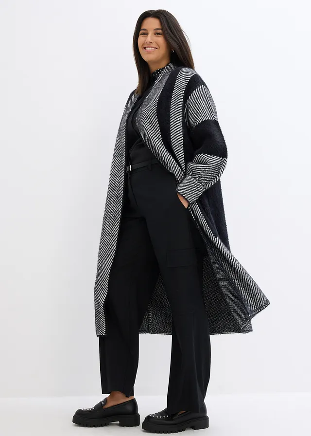 Lang gebreid vest, Kleur: zwart-wolwit met print