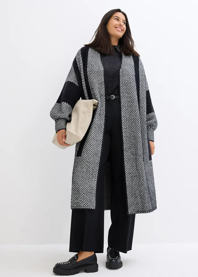 Lang gebreid vest, Kleur: zwart-wolwit met print