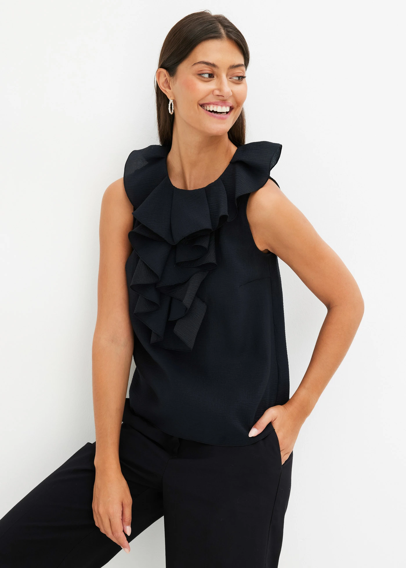 Mouwloze blouse met ruches • zwart • bonprix online shop