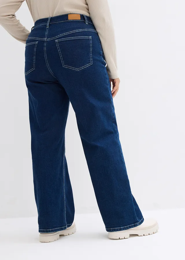 Jean large taille haute, coton, Couleur: bleu nuit denim