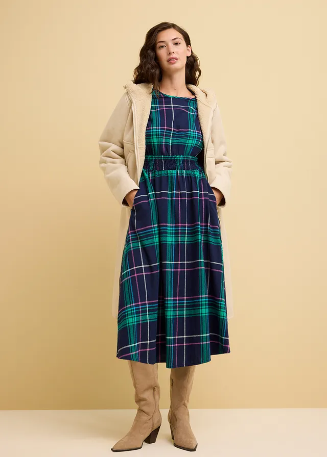 Flanellen jurk met smokwerk, Kleur: donkerblauw geruit