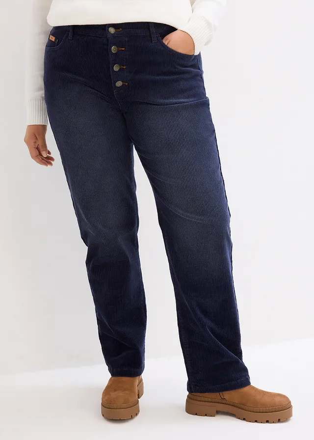 Pantalon droit en velours côtelé extensible, Couleur: bleu foncé
