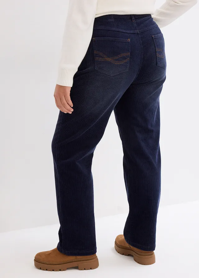 Pantalon droit en velours côtelé extensible, Couleur: bleu foncé