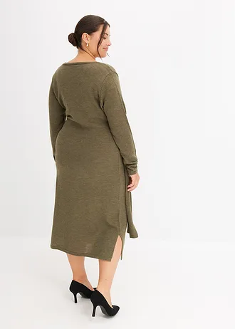 Pletené šaty v midi délce, barva: tmavě olivový melír