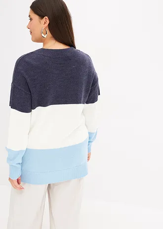 Trui, Kleur: wolwit-donkerblauw-topaasblauw gestreept