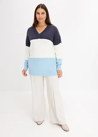 Trui, Kleur: wolwit-donkerblauw-topaasblauw gestreept