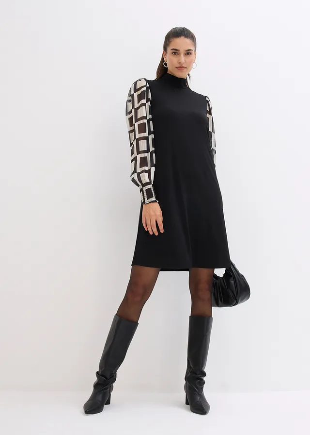 Rochie din tricot negru-bej natur grafic