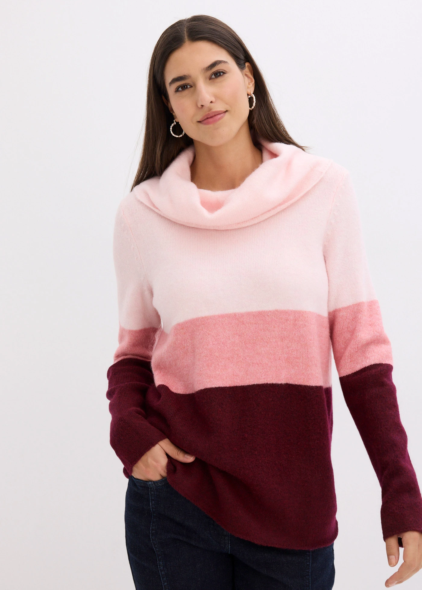 Pull col roulé • rose dragée-rouge érable rayé • Boutique bonprix