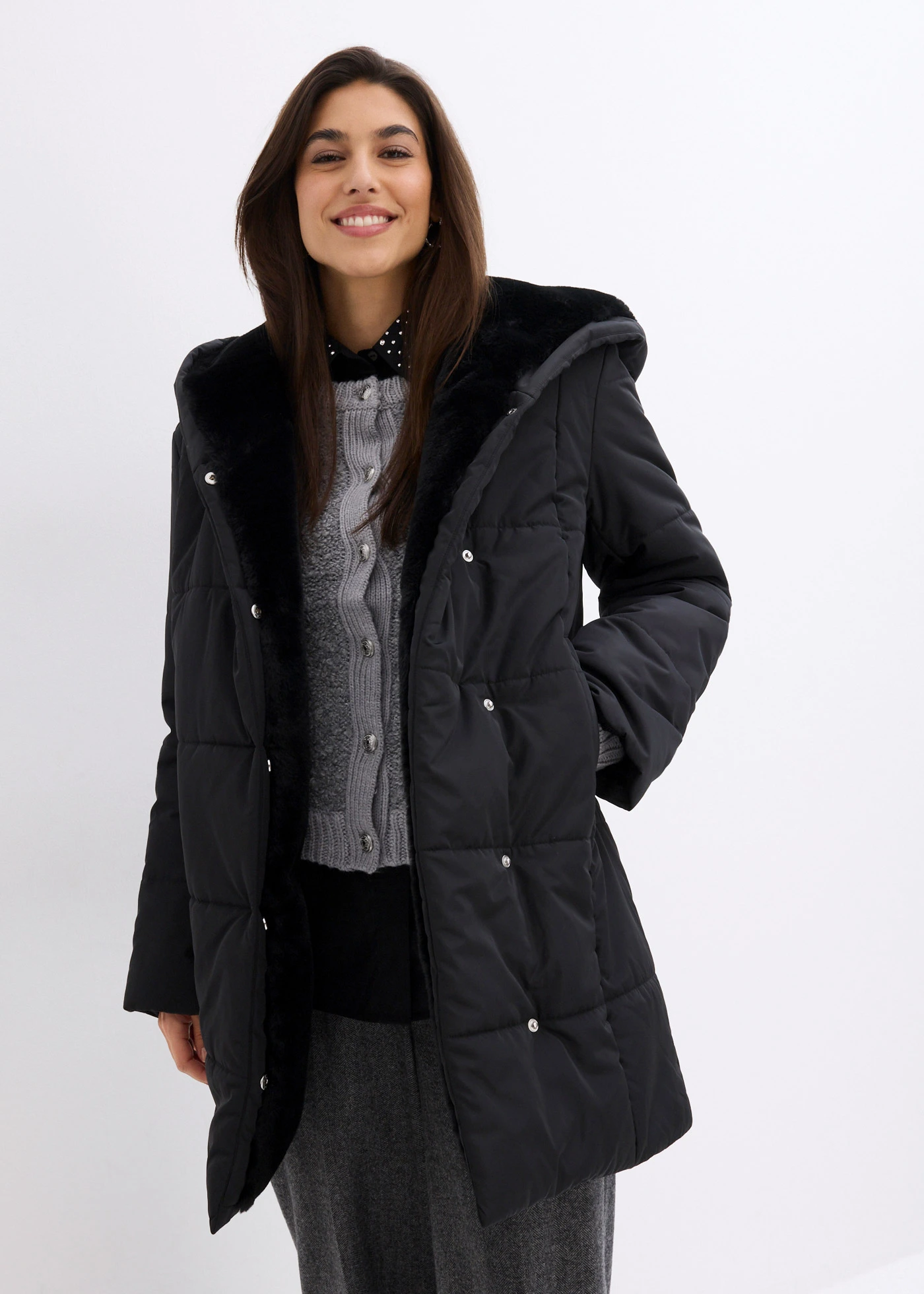 Doudoune avec col en peluche • noir • Boutique bonprix