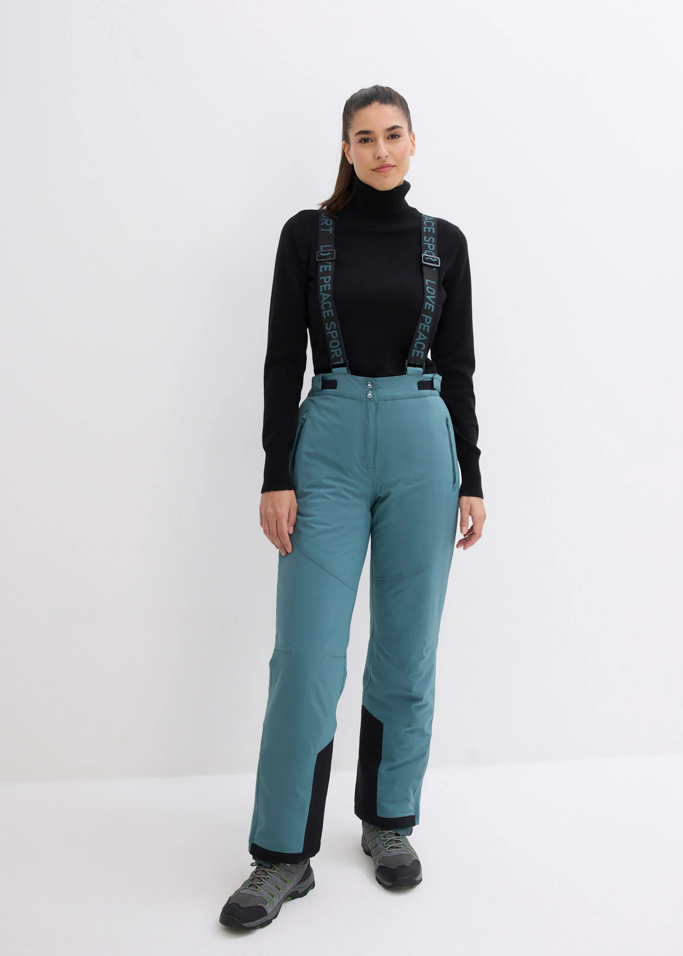 Pantaloni termo de schi, impermeabili, cu bretele detașabile • gri/verde • magazin bonprix