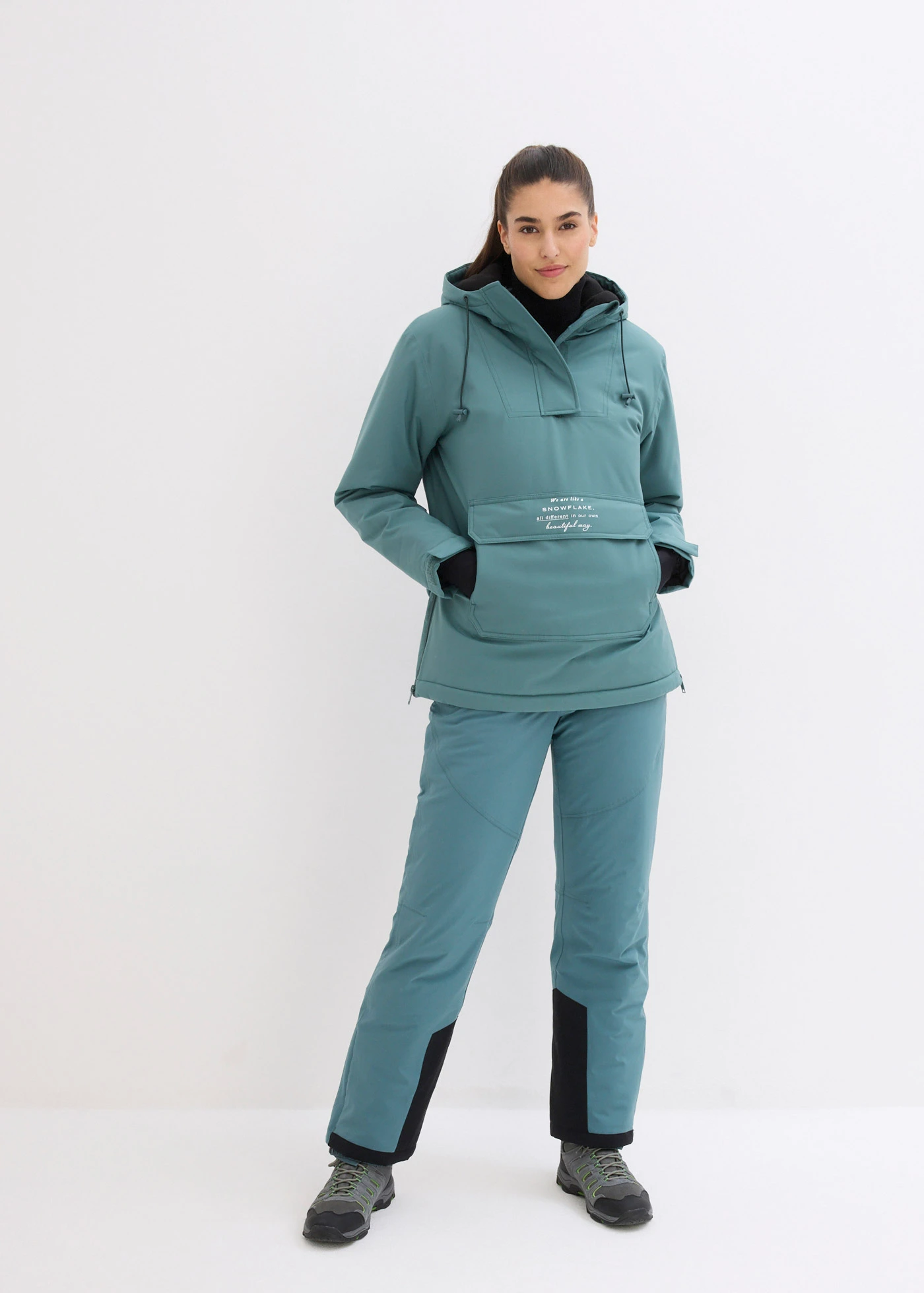 Wodoodporne funkcyjne ocieplane spodnie narciarskie z odpinanymi szelkami • zielonoszary • sklep bonprix