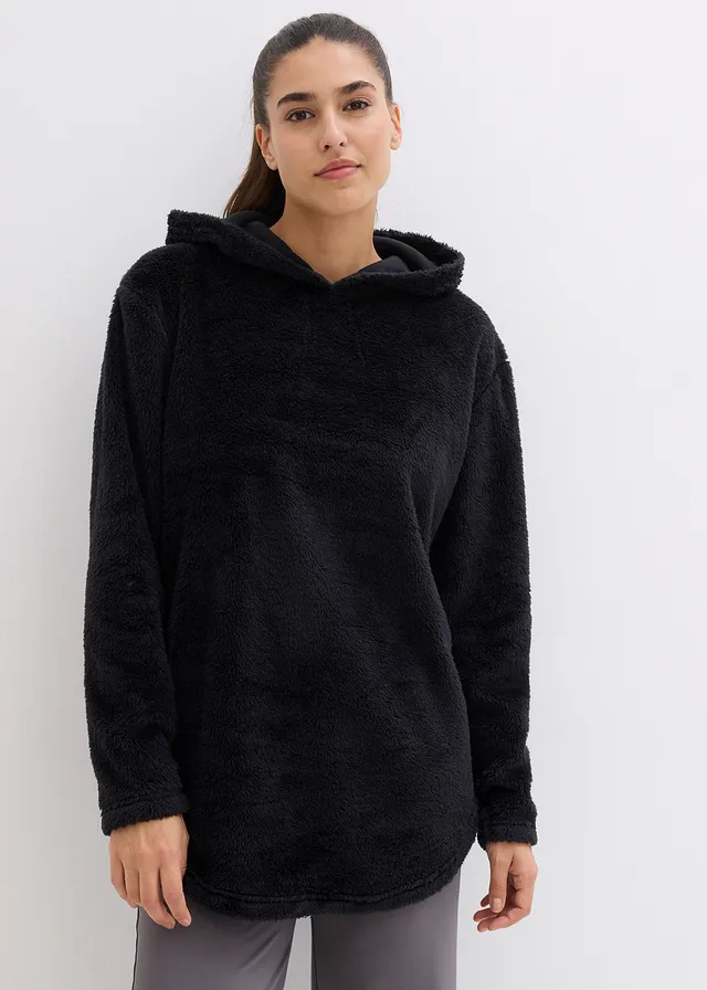 Pull long en polaire douce, oversize, Couleur: noir