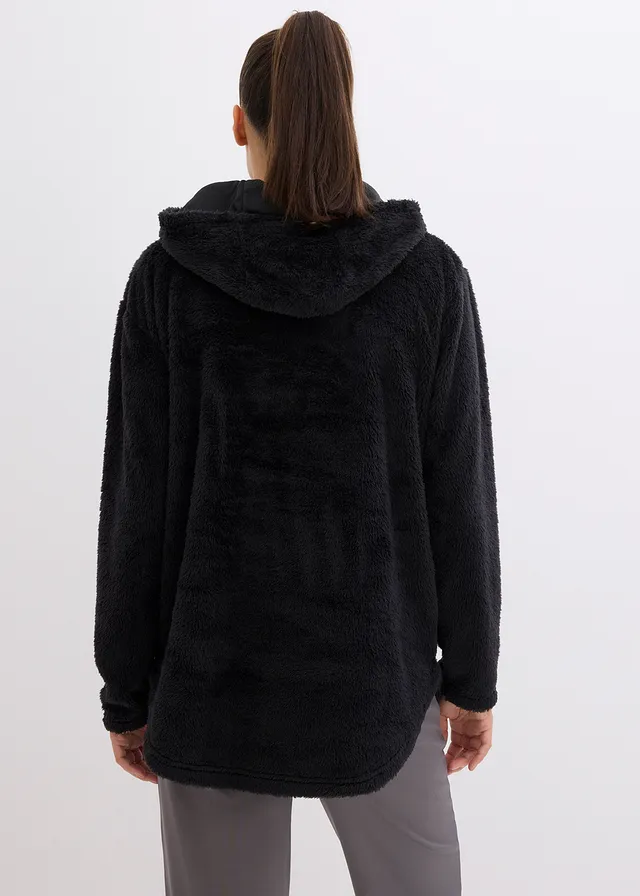 Pull long en polaire douce, oversize, Couleur: noir