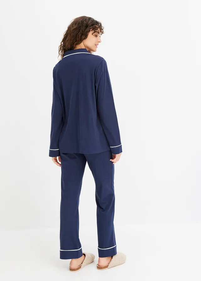 Pijama din bumbac moale, cu buzunare laterale • bleumarin • magazin bonprix