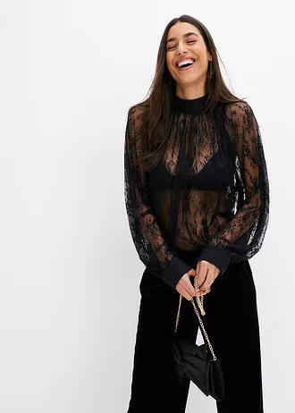 Blouse en dentelle légèrement transparente • noir • Boutique bonprix