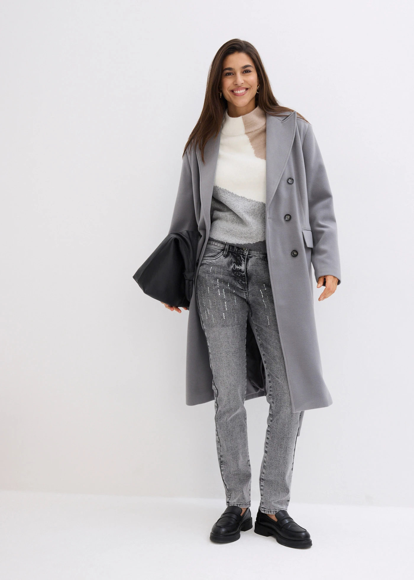 Slim fit jeans met stras • grey denim used • bonprix online shop