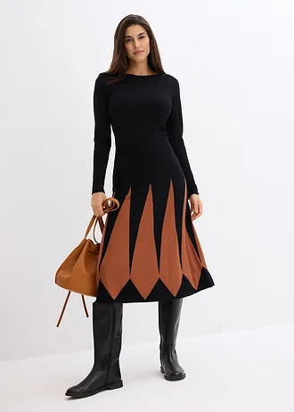 Gebreide jurk met ruiten, Kleur: zwart-kastanjebruin grafisch patroon