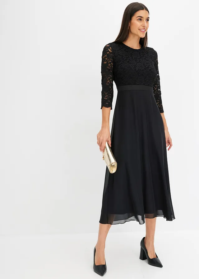 Midi jurk van lichte chiffon met kanten lijfje, Kleur: zwart