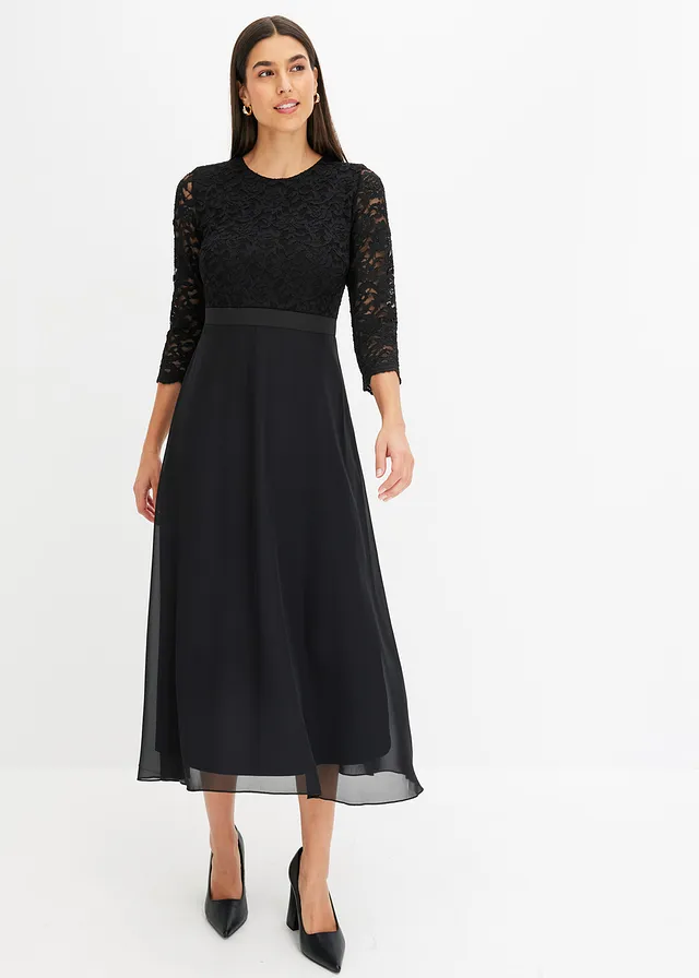 Midi jurk van lichte chiffon met kanten lijfje, Kleur: zwart