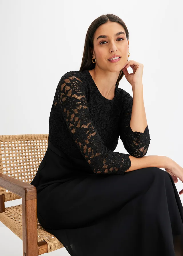 Robe midi en mousseline légère avec haut en dentelle • noir • product-page.page-title-suffix