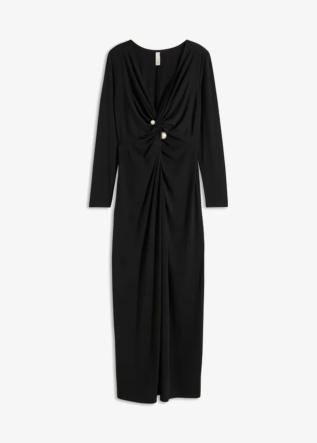 Maxi jurk met knoop en broche • zwart • bonprix online shop