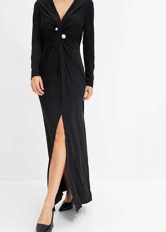 Maxi jurk met knoop en broche • zwart • bonprix online shop