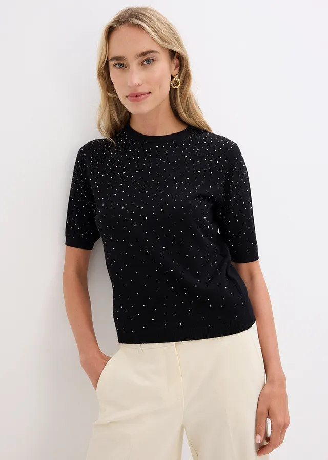 Pull manches coudes en fine maille avec strass, Couleur: noir