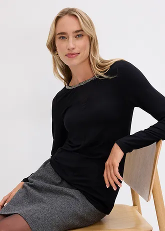 Shirt met mesh inzet en glittersteentjes • zwart • bonprix online shop