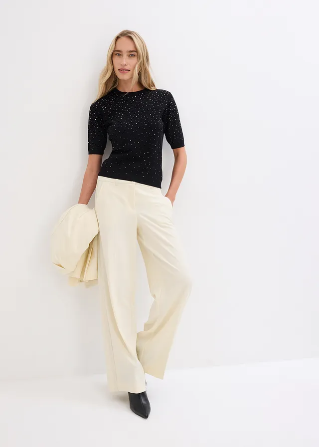 Pull manches coudes en fine maille avec strass, Couleur: noir