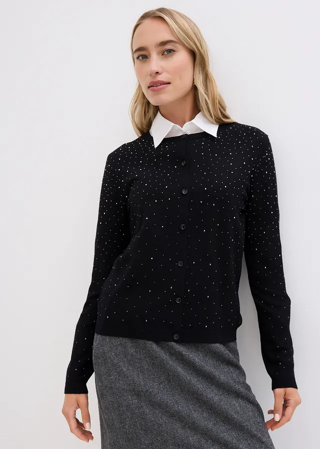 Gilet en maille avec strass, Couleur: noir